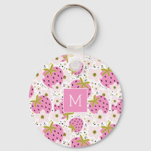 Chaveiro Monograma Personalizado de Morangos Rosa