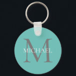 Chaveiro Monograma Personalizado e Nome Leve Teal<br><div class="desc">Monograma Elegante Personalizado e Presentes de Nome com monograma personalizado no estilo de letra serif clássico com caixa de nome no meio do monograma.</div>