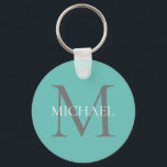 Chaveiro Monograma Personalizado e Nome Leve Teal<br><div class="desc">Monograma Elegante Personalizado e Presentes de Nome com monograma personalizado no estilo de letra serif clássico com caixa de nome no meio do monograma.</div>