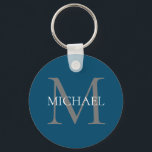 Chaveiro Monograma Personalizado e Nome Oceano Azul<br><div class="desc">Monograma Elegante Personalizado e Presentes de Nome com monograma personalizado no estilo de letra serif clássico com caixa de nome no meio do monograma.</div>