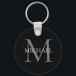 Chaveiro Monograma Personalizado e Nome Preto<br><div class="desc">Monograma Elegante Personalizado e Presentes de Nome com monograma personalizado no estilo de letra serif clássico com caixa de nome no meio do monograma.</div>