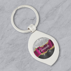 Chaveiro Monograma preto fúcsia brilho prata Chic