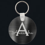 Chaveiro Monograma Preto Moderno em Aço Inox Falso<br><div class="desc">Corrente de Chaves Moderna e Elegante Preta em Aço Inox Falso Metálico. Estas Correntes de Chaves podem ser personalizadas para incluir sua inicial e primeiro nome. Estas correntes de chaves fazem ótimos presentes de aniversário, chá de noiva ou despedida de solteira.</div>