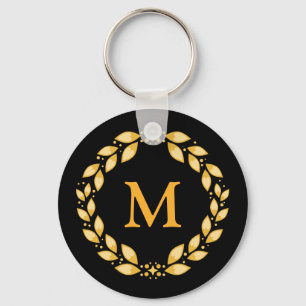 Chaveiro Monograma romano com folhas dourado ornamentado da
