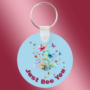 Chaveiro Monograma Simples Floral de Aquarela, Abelha em az