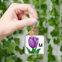 Chaveiro Monograma Tulipa Roxa Pintada à Mão