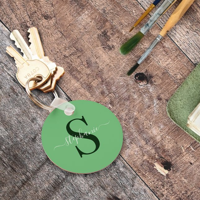 Chaveiro Monograma Verde Moderno Simples Nome Inicial (Criador carregado)