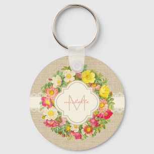 Chaveiro Monograma Vintage Floral Wreath Linen Lace Chaveir