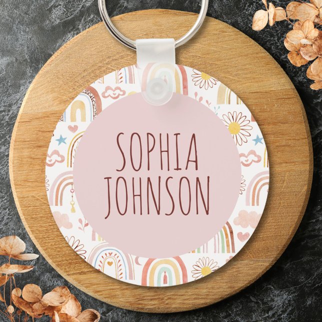 Chaveiro Monogramas, cotovelos coloridos e flores margarida (Close up)