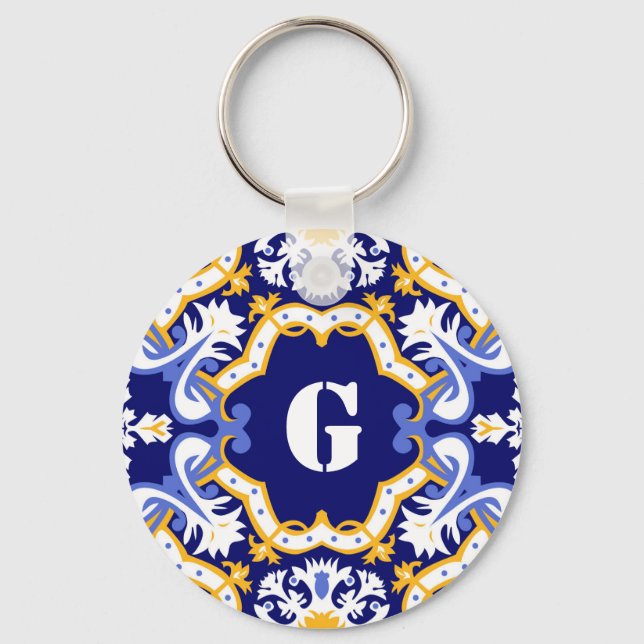 Chaveiro Monogramas periwinks, azulejos azuis e amarelos (Frente)