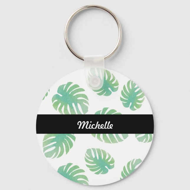 Chaveiro Monstera Tropical Leaf Green Patterno Name (Frente)