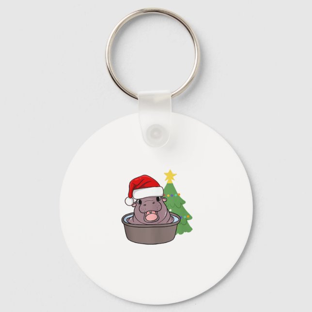 Chaveiro Moo Deng hippopotamus fofo está vestindo Papai noe (Frente)