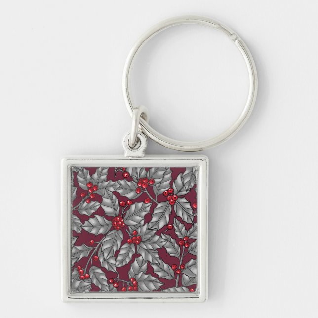 Chaveiro Morango Holly, folhas de cinza em vermelho escuro (Frente)