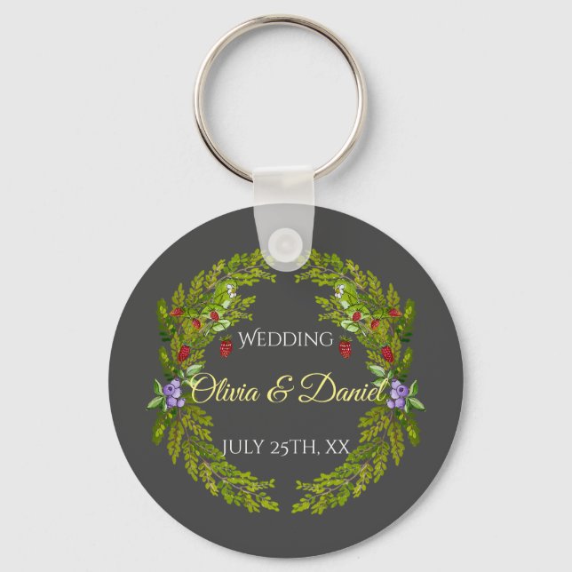 Chaveiro Morangos da floresta aquosa e cogumelos (Frente)