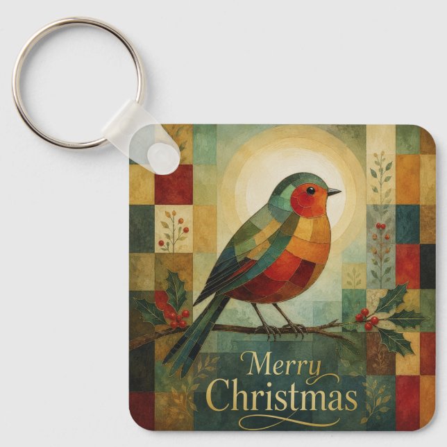 Chaveiro Mosaico de Natal Robin Pássaro Azevinho Baga (Frente)