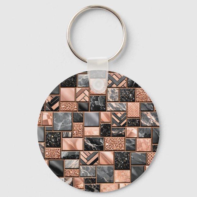 Chaveiro Mosaico Mármore Preto Dourado Rosa (Frente)