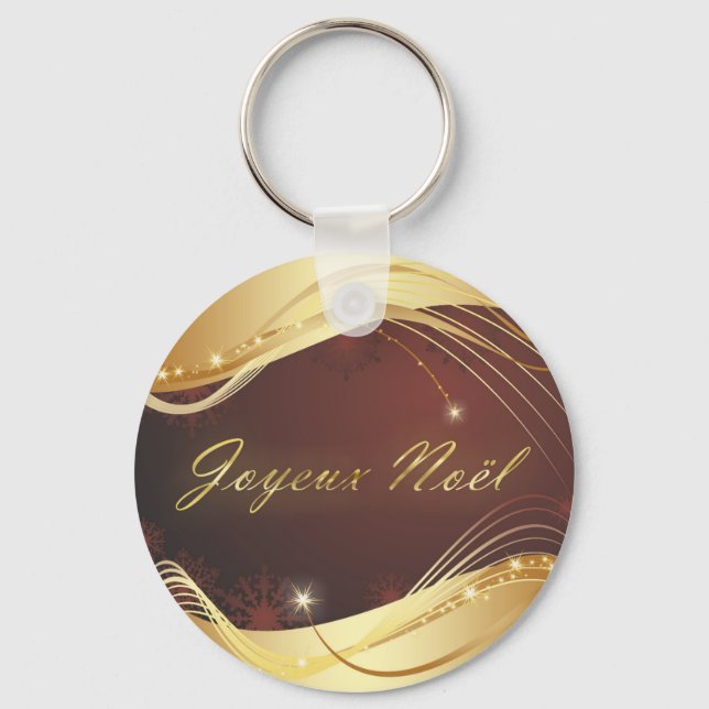 Chaveiro Motivo de Natal dourado com fundo vermelho... (Frente)