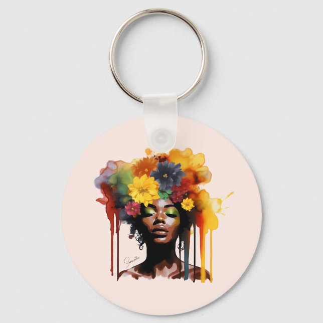 Chaveiro Mulher afro-americana com cabelo afro floral (Frente)