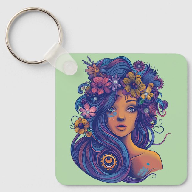 Chaveiro Mulher Boho Fantasy com Cabelo Floral (Frente)