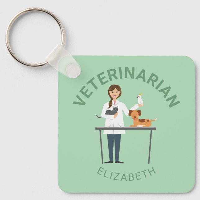 Chaveiro Mulher Veterinária Com Animais & Seu Próprio Nome (Frente)