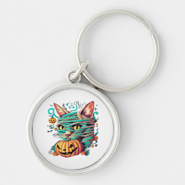 Chaveiro Múmia Divertida de Gato no Halloween (Frente)