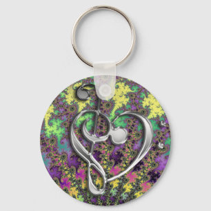 Chaveiro Music Treble Bass Clef Heart on Colorful Fractal