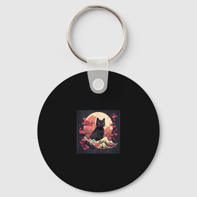 Chaveiro Mystical Sakura Night_ Black Cat com lua cheia (Frente)