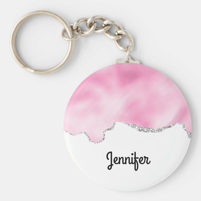 Chaveiro Na moda de Borda Glitter Cintilante Rosa e Silver  (Frente)