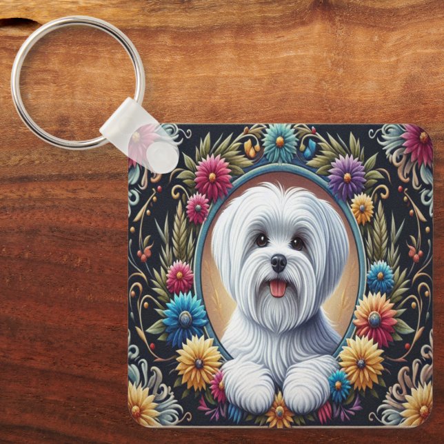 Chaveiro Na moda Maltês Cão Floral Colorida Fronteira (Frente)