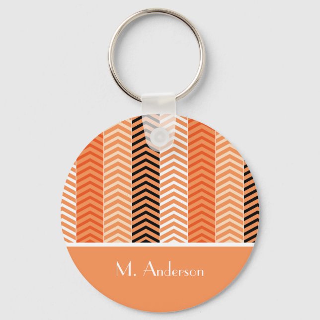 Chaveiro Na moda Modern Orange Chevron Strips Com Nome (Frente)