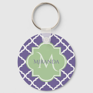 Chaveiro Na moda Purple Quatrefoil e Nome Monograma Verde