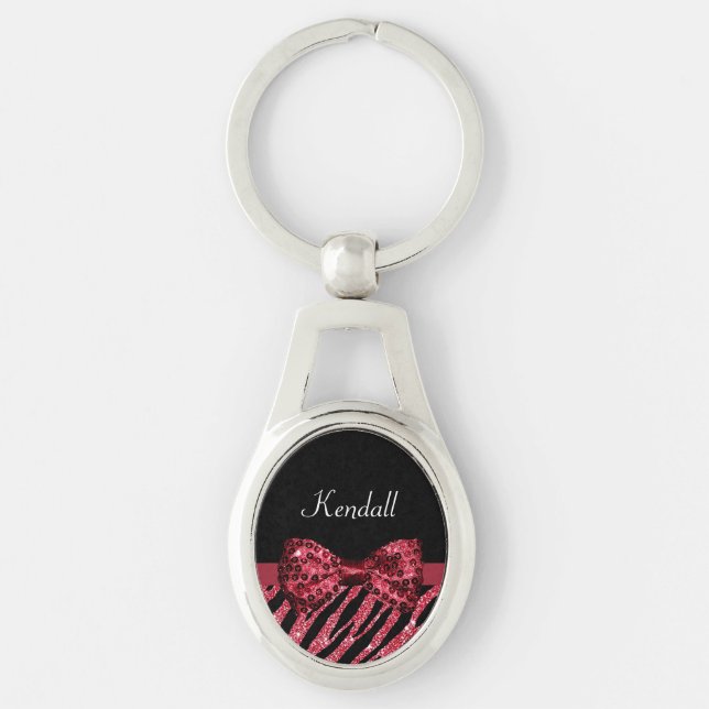 Chaveiro Na moda Red Zebra Imprima FAUX Glitz Arco Com Nome (Frente)