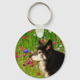 Chaveiro Namorados Border Collie com belas flores