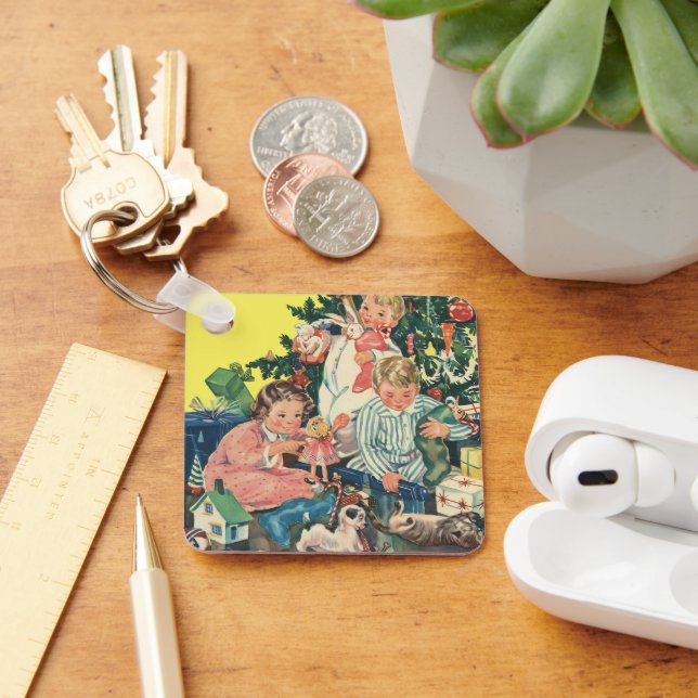 Chaveiro Natais vintages de manhã, crianças abrindo present (Mesa)