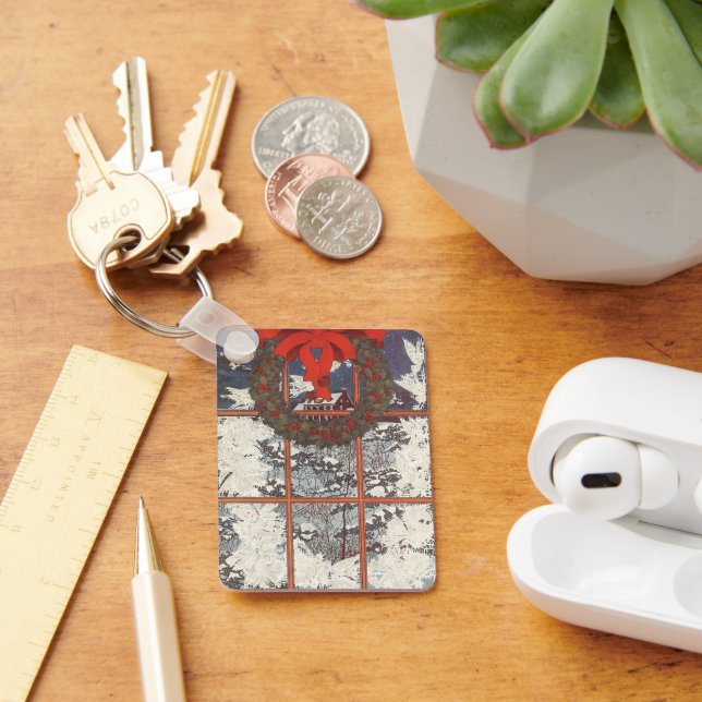 Chaveiro Natais vintages em uma janela com neve (Mesa)