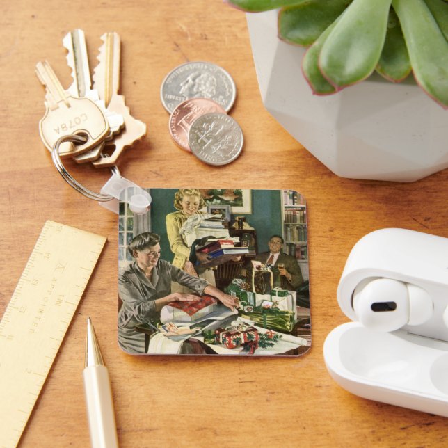 Chaveiro Natal Antigo, Família Feliz Envolvendo Presentes (Mesa)