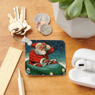 Chaveiro Natal Antigo, Papai Noel em um Carro Fofo