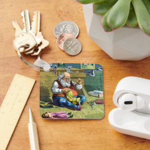 Chaveiro Natal Antigo, Papai Noel Fazendo Bonecas de Brinqu