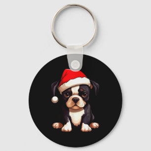 Chaveiro Natal Boston Terrier Cachorro Chapéu de Papai Noel