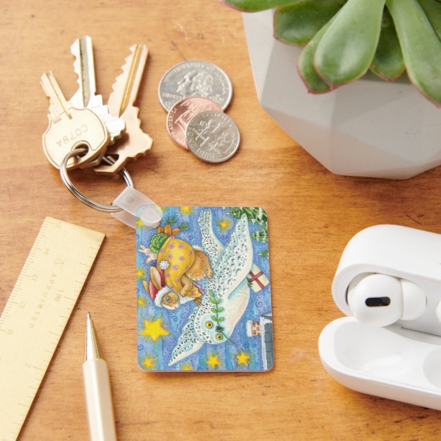 Chaveiro Natal fofo com Coelho como Papai Noel em uma Coruj (Mesa)