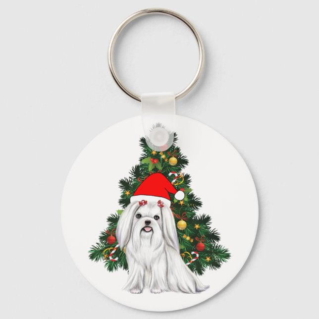 Chaveiro Natal Maltês, Xmas Maltês Cachorro com chapéu de P (Frente)