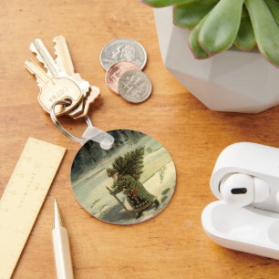 Chaveiro Natal vintage, Papai Noel que leva uma árvore