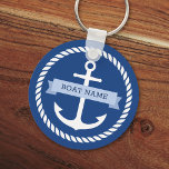 Chaveiro Nautical anchor rope border boat name keys<br><div class="desc">Keychain for your boat keys featuring a white nautical anchor surrounded by a rope border on a dark blue background. Across the anchor is a light blue ribbon with a template field for your boat's name.</div>