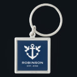 Chaveiro Nautical anchor wedding gift premium square<br><div class="desc">Nautical anchor wedding gift premium square keychain. Navy blue and white anchor design with heart and doves. Add your own family name and established year date. Elegant typography template key chain for newly weds,  couple,  bride and groom,  friends,  guests,  sailor,  skipper etc.</div>