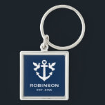 Chaveiro Nautical anchor wedding gift premium square<br><div class="desc">Nautical anchor wedding gift premium square keychain. Navy blue and white anchor design with heart and doves. Add your own family name and established year date. Elegant typography template key chain for newly weds,  couple,  bride and groom,  friends,  guests,  sailor,  skipper etc.</div>