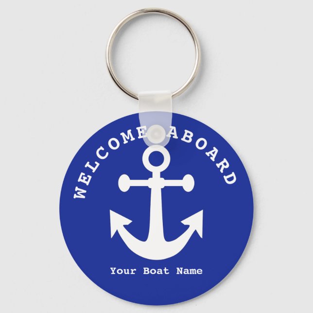 Chaveiro Nautical Navy Blue Welcome Aboard Boat Name Anchor (Frente)