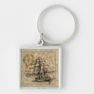 Chaveiro Navio Vintage e velho mapa europeu