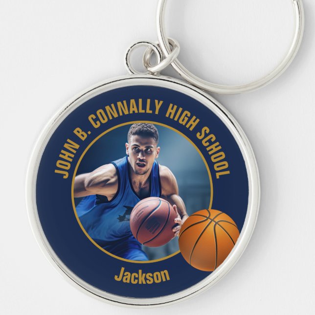 Chaveiro Navy Blue Gold Basketball Player Photo (Frente)