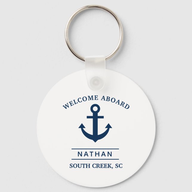 Chaveiro Navy Blue Welcome Aboard Custom Monogram Name (Frente)
