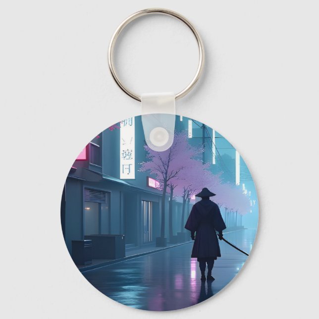 Chaveiro Neon Samurai – Design Retro Anime Tokyo (Frente)